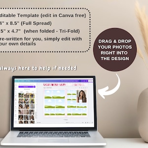 May include: A laptop displays a template design with photo placeholders. Text on the screen reads "Editable Template" and "Drag & Drop Your Photos Right Into The Design." The full spread is 14" x 8.5". A vase with dried flowers is in the background.