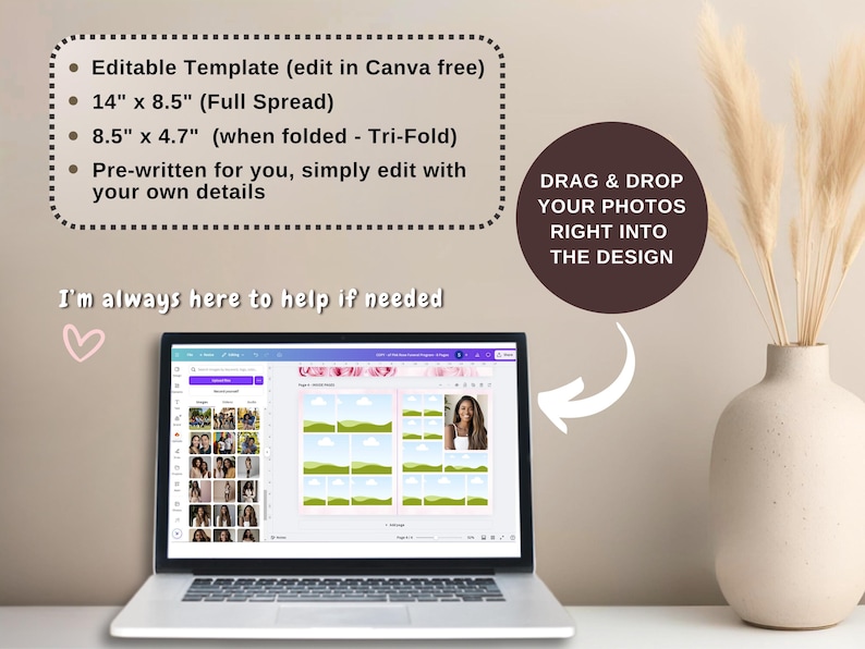 May include: A laptop displays a template design with photo placeholders. Text on the screen reads "Editable Template" and "Drag & Drop Your Photos Right Into The Design." The full spread is 14" x 8.5". A vase with dried flowers is in the background.