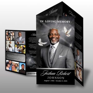 May include: A memorial service program featuring a portrait of a man in a grey suit, the text "IN LOVING MEMORY", and the name "Joshua Robert JOHNSON". The program includes images and text, with doves and a starry background.