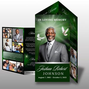 Green Canva Funeral Memorial Template, Classic Obituary Program, Funeral Program Trifold, Celebration of Life Brochure, Canva Template