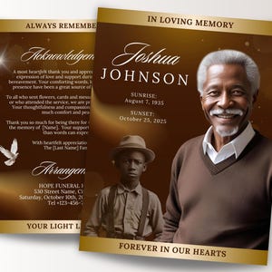 8 Page Brown & Gold Funeral Memorial Program, 8.5x11 Elegant Obituary Program, Bi-Fold Funeral Program, Celebration of Life, Canva Template