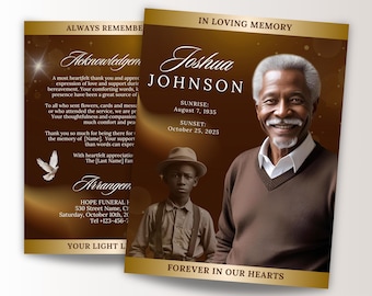 8 Page Brown & Gold Funeral Memorial Program, 8.5x11 Elegant Obituary Program, Bi-Fold Funeral Program, Celebration of Life, Canva Template