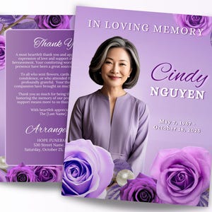8 Pages Purple Roses Memorial Program, 17&quot; x 11&quot; Funeral Program Template, 8.5&quot;x11&quot; Bi-Fold, In Loving Memory, Celebration of Life, Canva
