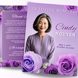 4-Page Purple Roses Obituary Program, 8.5&quot;x11&quot; Bi-fold, Celebration of Life Program, 17x11 Elegant Memorial Program BOOKLET, Canva Template