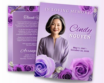 May include: A memorial card with a portrait of a woman, Cindy Nguyen, and the dates May 7, 1967 - October 18, 2025. The card is lavender with purple roses and text that reads "In Loving Memory".