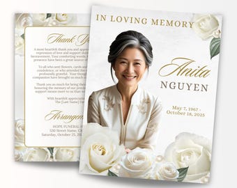 Peut inclure: Carte de deuil avec le portrait d'Anita Nguyen et l'inscription « À la mémoire affectueuse ». La carte est ornée de roses blanches et de perles, avec les dates du 7 mai 1967 au 18 octobre 2025. Une seconde carte contient un message de remerciement.