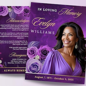 8 Page Purple Roses Funeral Program Template, 17 x 11 Memorial Program, Pearls, 8.5x11 Bi-Fold, In Loving Memory, Celebration of Life, Canva