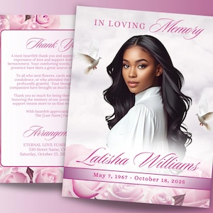 8 Page Pink Rose Funeral Program Template, 8.5&quot;x11&quot; Memorial Obituary Program, In Loving Memory, Celebration of Life Booklet, Canva Template