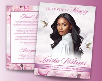 8 Page Pink Rose Funeral Program Template, 8.5"x11" Memorial Obituary Program, In Loving Memory, Celebration of Life Booklet, Canva Template