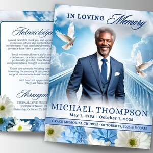 May include: A memorial card with a portrait of a man in a blue suit, set against a sky with doves. The card includes the text "IN LOVING Memory" and details of the deceased, Michael Thompson, and funeral information.