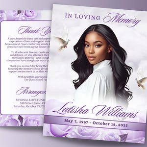 8 Page Purple Lilac Obituary Program, 17&quot;x11&quot; Elegant Funeral Program, 8.5&quot;x11&quot; Booklet Bifold, Celebration of Life Brochure, Canva Template