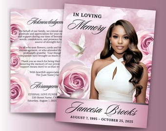 8-Page Pink Roses Obituary Program Template, 17"x11" Elegant Funeral Memorial Program, In Loving Memory Bifold, Celebration of Life, Canva