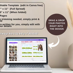 May include: A laptop screen displaying a Canva design template with a floral border and a grid of photo placeholders. The text "DRAG & DROP YOUR PHOTOS RIGHT INTO THE DESIGN" is visible on the screen. The laptop is on a table with a vase of dried pampas grass.