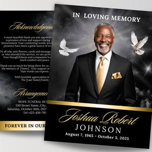 8 Page Black Gold Funeral Template, 8.5x11&quot; Elegant Black Obituary Program, Bi-Fold Funeral Program, Memorial Celebration of Life, Canva