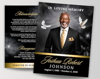8 Page Black Gold Funeral Template, 8.5x11" Elegant Black Obituary Program, Bi-Fold Funeral Program, Memorial Celebration of Life, Canva