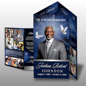 May include: A memorial card with a portrait of a man in a gray suit, set against a blue sky background with doves. The card reads "In Loving Memory" and includes the name "Joshua Robert Johnson" and dates.