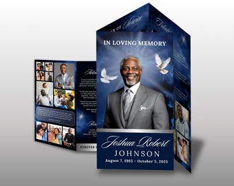 Blue Funeral Program Template, Obituary Program, Memorial Brochure, Trifold Funeral Flyer, Classic Celebration of Life, Canva Template