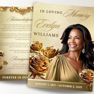 8 Page Gold Funeral Program Template, 17&quot;x11&quot;, Classic Obituary Program, Beige Gold, 8.5&quot;x11&quot; BOOKLET, Celebration of Life Brochure, Canva