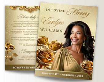8 Page Gold Funeral Program Template, 17"x11", Classic Obituary Program, Beige Gold, 8.5"x11" BOOKLET, Celebration of Life Brochure, Canva