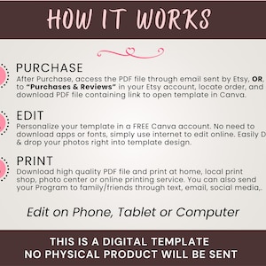May include: A pink and white graphic with the text "HOW IT WORKS" at the top.  Three numbered steps are listed: Purchase, Edit, and Print.  The steps describe how to use a digital template.  The text "Edit on Phone, Tablet or Computer" is below the steps.  The text "THIS IS A DIGITAL TEMPLATE NO PHYSICAL PRODUCT WILL BE SENT" is at the bottom of the graphic.