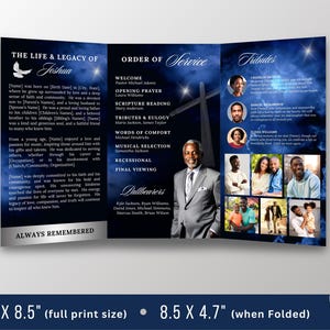 May include: A tri-fold memorial program with a dark blue celestial background. The program includes text and photos, with the words "The Life & Legacy of" and "Always Remembered." The full print size is 14" x 8.5".