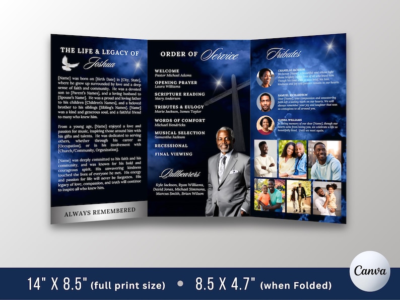 May include: A tri-fold memorial program with a dark blue celestial background. The program includes text and photos, with the words "The Life & Legacy of" and "Always Remembered." The full print size is 14" x 8.5".