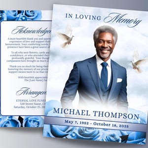 8 Page Blue Funeral Obituary Program Template, 17"x11" Elegant Memorial Program, Bi-Fold Funeral Program, Celebration of Life Booklet, Canva