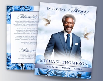May include: A memorial card with a portrait of a man in a blue suit, with the text "In Loving Memory" and the name "Michael Thompson." The card features blue roses and doves, with text about acknowledgements and arrangements.
