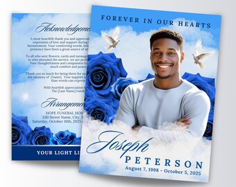 8.5"x11" Blue Sky Funeral Program Template, Memorial Program, 8 Pages Bi-Fold, 11x17 Obituary Program, Celebration of Life, Canva Template