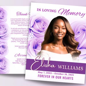 Purple Roses Memorial Program, 8 Pages, 17&quot; x 11&quot; Funeral Program Template, 8.5&quot;x11&quot; Bi-Fold, In Loving Memory, Celebration of Life, Canva