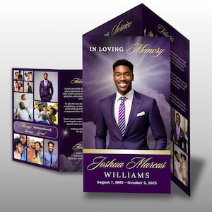 Purple Trifold Funeral Program Template, Memorial Obituary Program, 14x8.5 Funeral BOOKLET,  Classic Celebration of Life, Canva Template
