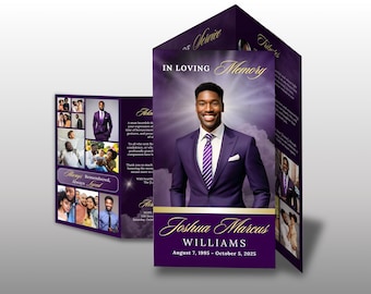 Purple Trifold Funeral Program Template, Memorial Obituary Program, 14x8.5 Funeral BOOKLET,  Classic Celebration of Life, Canva Template