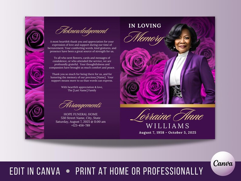 8 Page Purple Roses Funeral Program, 8.5"x11" Purple Celebration of