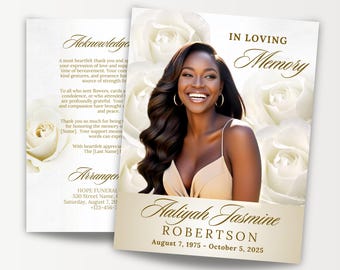 8 Page Rose Funeral Program, 17&quot;x11&quot;, Classic Obituary Program Template, Beige White, 8.5x11&quot; BOOKLET, Celebration of Life Brochure, Canva