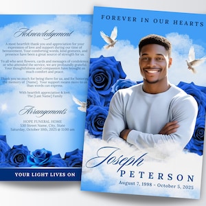 Blue Sky Funeral Program Template, 8.5&quot;x11&quot; Memorial Program, 8 Page Obituary Program, Bifold Celebration of Life Booklet, Canva Template