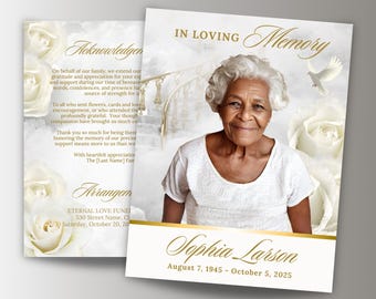 8-Page White Heaven Funeral Program Template, 17"x11" Elegant Obituary Program, 8.5x11 BOOKLET, Classic Celebration of Life Brochure, Canva