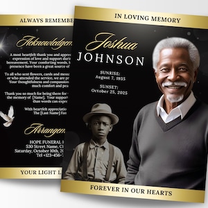 8 Page Black Gold Obituary Program, 8.5x11 Elegant Funeral Program, Bi-Fold Memorial Program, Celebration of Life Booklet, Canva Template