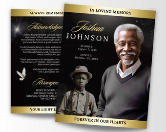 8 Page Black Gold Obituary Program, 8.5x11 Elegant Funeral Program, Bi-Fold Memorial Program, Celebration of Life Booklet, Canva Template
