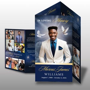Blue TRIFOLD Funeral Program Template, Blue Obituary Program, 14&quot;x8.5&quot; Funeral BOOKLET, Classic Celebration of Life Flyer, Canva Template