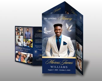 Blue TRIFOLD Funeral Program Template, Blue Obituary Program, 14"x8.5" Funeral BOOKLET, Classic Celebration of Life Flyer, Canva Template