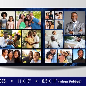 May include: A collage of family photos featuring a diverse group of people. The photos are arranged in a grid pattern on a blue background with a cloud-like design. The collage is 11 inches by 17 inches and folds to 8.5 inches by 11 inches.