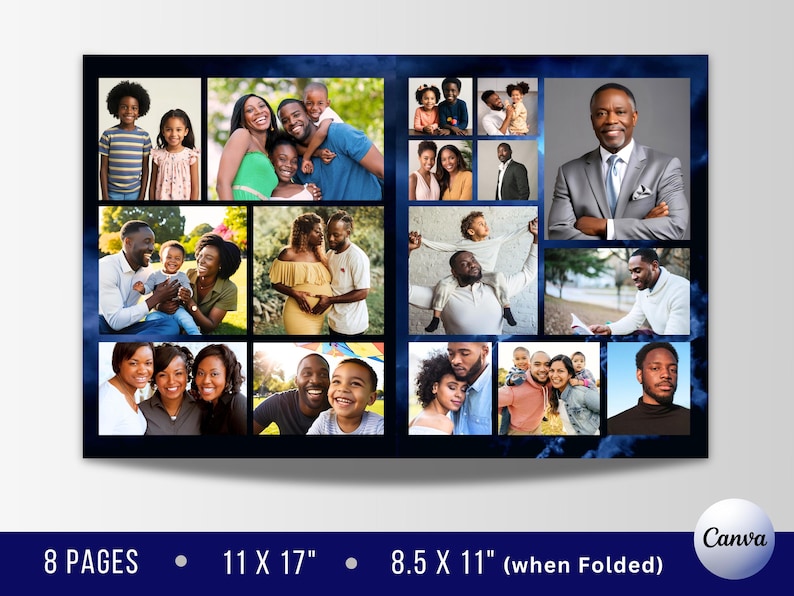 May include: A collage of family photos featuring a diverse group of people. The photos are arranged in a grid pattern on a blue background with a cloud-like design. The collage is 11 inches by 17 inches and folds to 8.5 inches by 11 inches.