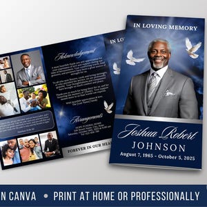 May include: A memorial service program with a portrait of a man in a gray suit, with text "In Loving Memory" and the name "Joshua Robert Johnson." The program includes family photos and text. The design is dark blue with white accents.