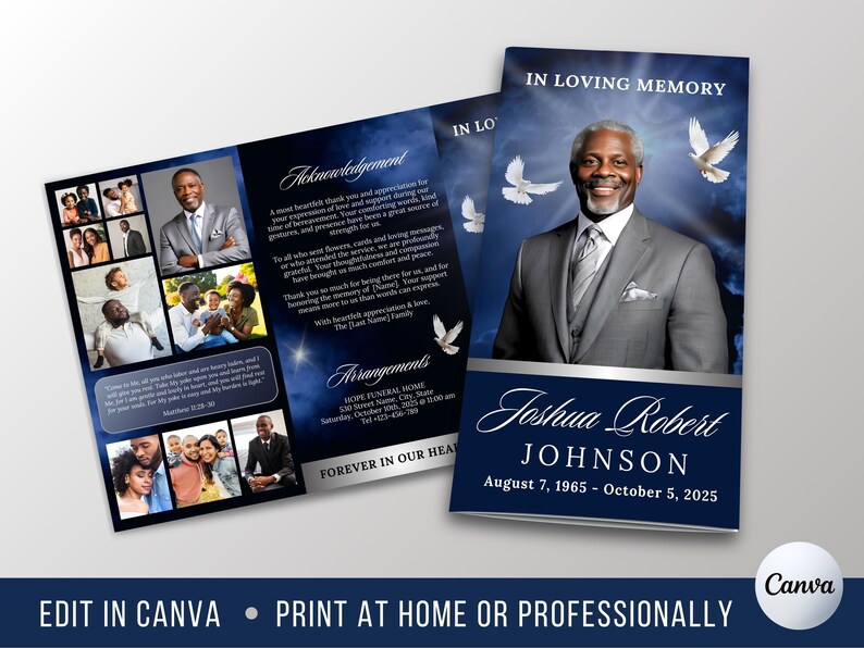 May include: A memorial service program with a portrait of a man in a gray suit, with text "In Loving Memory" and the name "Joshua Robert Johnson." The program includes family photos and text. The design is dark blue with white accents.