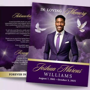 May include: Purple and gold funeral announcement with a photo of a man in a suit. The announcement reads "In Loving Memory" and "Joshua Marcus Williams, August 7, 1965 - October 5, 2025".
