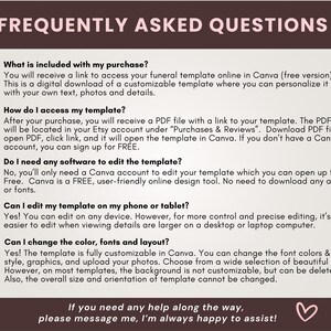 May include: A digital download titled "FREQUENTLY ASKED QUESTIONS" in white text on a dark brown background. The text answers common questions about a customizable template, including how to access and edit it. A pink heart graphic is at the bottom.