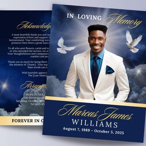 May include: A blue and gold funeral announcement card with a photo of a man in a white suit. The text reads "In Loving Memory" and "Marcus James Williams" with the dates "August 7, 1989 - October 5, 2025".