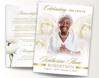 8 Page White Roses Memorial Program Template, 17"x11", Classic Obituary Program, Beige 8.5x11" BOOKLET, Elegant Celebration of Life, Canva