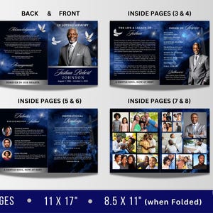 May include: An 8-page funeral program template with a blue and white starry sky design. The front cover features a photo of a man in a suit and tie, with the text "In Loving Memory" and the name "Joshua Robert Johnson". The inside pages include sections for tributes, inspirational readings, the life and legacy of the deceased, and the order of service. The program is 11 inches by 17 inches unfolded and 8.5 inches by 11 inches when folded.