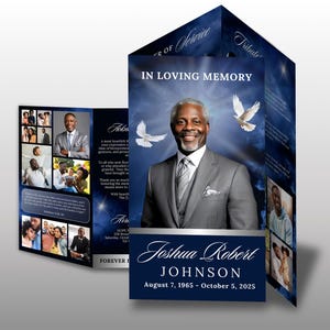 May include: A memorial card with a portrait of a man in a gray suit, set against a blue sky background with doves. The card reads "In Loving Memory" and includes the name "Joshua Robert Johnson" and dates.